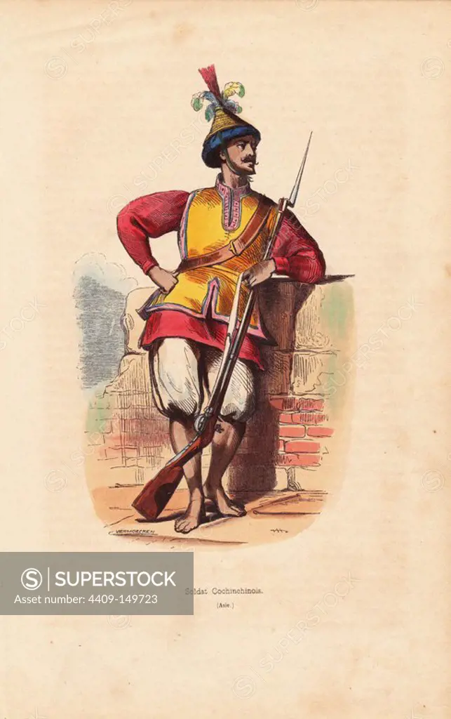 Soldier of Cochinchine (Vietnam) in plumed helmet, tunic, breeches, carrying a musket. Handcoloured woodcut by Vermorcken after an illustration by H. Hendrickx from Auguste Wahlen's "Moeurs, Usages et Costumes de tous les Peuples du Monde," Librairie Historique-Artistique, Brussels, 1845. Wahlen was the pseudonym of Jean-Francois-Nicolas Loumyer (1801-1875), a writer and archivist with the Heraldic Department of Belgium.