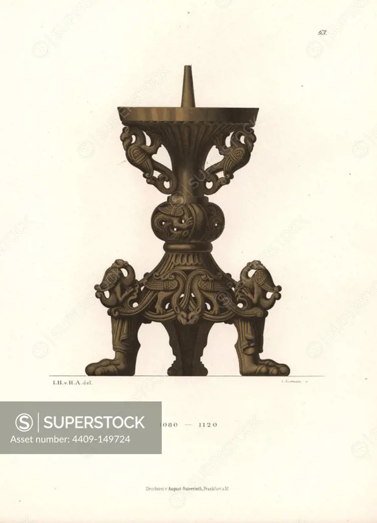 Candlestick in gilded copper from the Museum of Bavaria, late 11th century. Chromolithograph from Hefner-Alteneck's "Costumes, Artworks and Appliances from the Middle Ages to the 17th Century," Frankfurt, 1879. Illustration by Dr. Jakob Heinrich von Hefner-Alteneck, lithographed by Joh. Klipphahn, and published by Heinrich Keller. Hefner-Alteneck (1811 - 1903) was a German museum curator, archaeologist, art historian, illustrator and etcher.