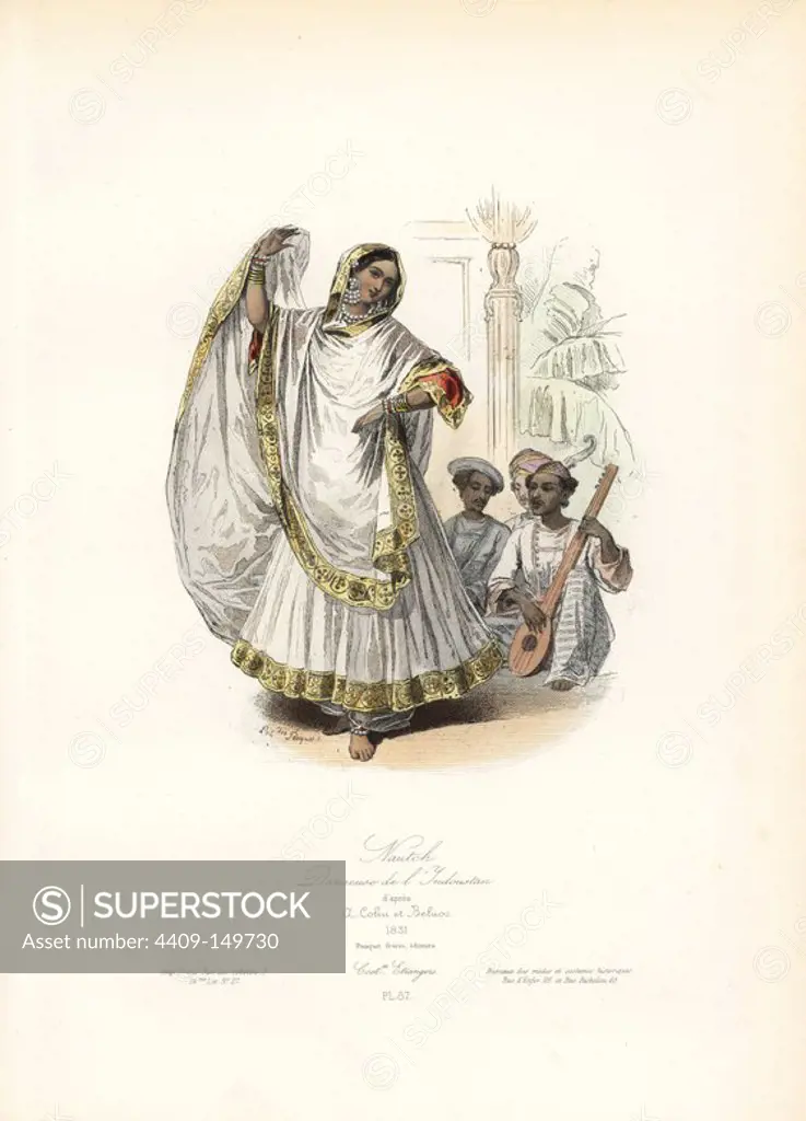 Nautch dancing girl of India, 1831, after A. Colin and Beluos. Handcoloured steel engraving by Polydor Pauquet from the Pauquet Brothers' "Modes et Costumes Etrangers Anciens et Modernes" (Foreign Fashions and Costumes Ancient and Modern), Paris, 1865. Hippolyte (b. 1797) and Polydor Pauquet (b. 1799) ran a successful publishing house in Paris in the 19th century, specializing in illustrated books on costume, birds, butterflies, anatomy and natural history.