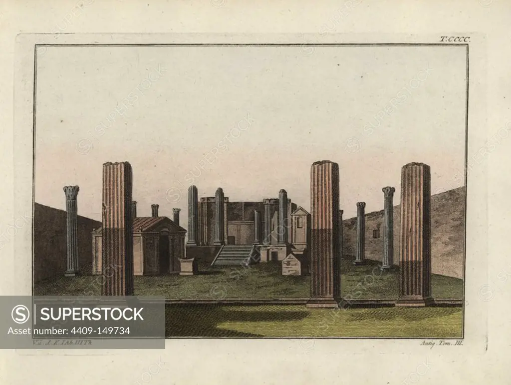Ruins of the Temple of Isis in Pompeii with altar. Handcoloured copperplate engraving from Robert von Spalart's "Historical Picture of the Costumes of the Principal People of Antiquity and of the Middle Ages," Chez Collignon, Metz, 1810.