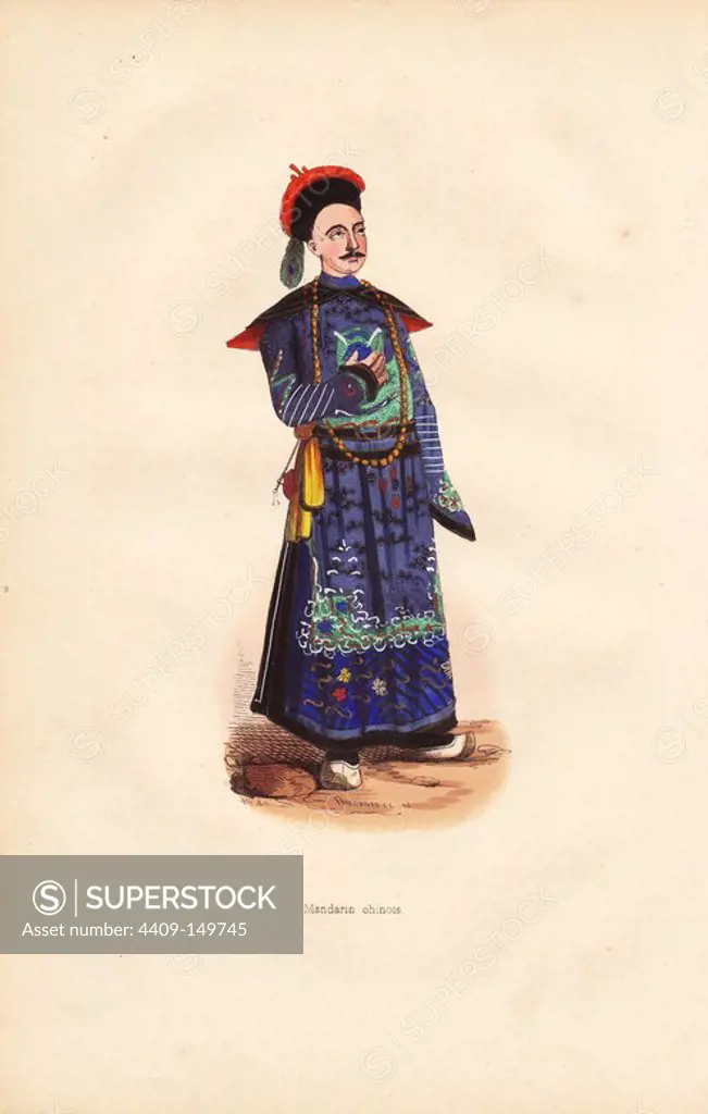 Chinese mandarin in heavily embroidered tabard and hat with peacock feather. Handcoloured woodcut by Pannemaker after an illustration by H. Hendrickx from Auguste Wahlen's "Moeurs, Usages et Costumes de tous les Peuples du Monde," Librairie Historique-Artistique, Brussels, 1845. Wahlen was the pseudonym of Jean-Francois-Nicolas Loumyer (1801-1875), a writer and archivist with the Heraldic Department of Belgium.