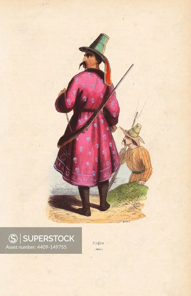 Kyrgyz man in tall hat, embroidered coat over boots, carrying a musket. Handcoloured woodcut by Doms from Auguste Wahlen's "Moeurs, Usages et Costumes de tous les Peuples du Monde," Librairie Historique-Artistique, Brussels, 1845. Wahlen was the pseudonym of Jean-Francois-Nicolas Loumyer (1801-1875), a writer and archivist with the Heraldic Department of Belgium.