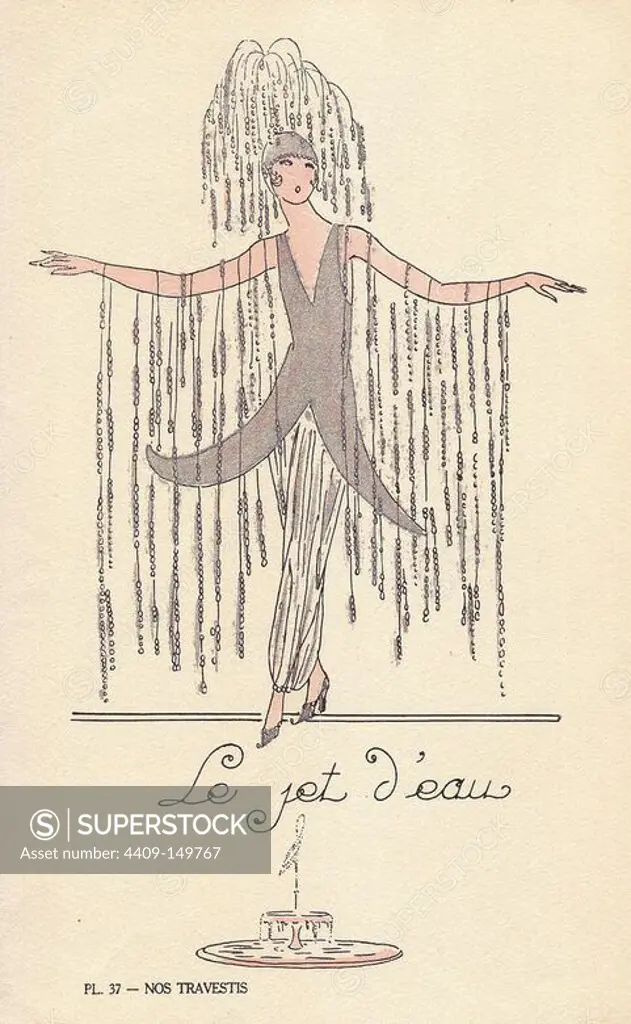 Woman in fancy dress costume as a fountain, le jet d'eau, in silver top and pants with hat and shawl of silver ribbons and beads. Lithograph by unknown artist with pochoir stencil handcolouring from "Nos Travestis" (Our Fancy Dress Costumes), Paris, 1928.