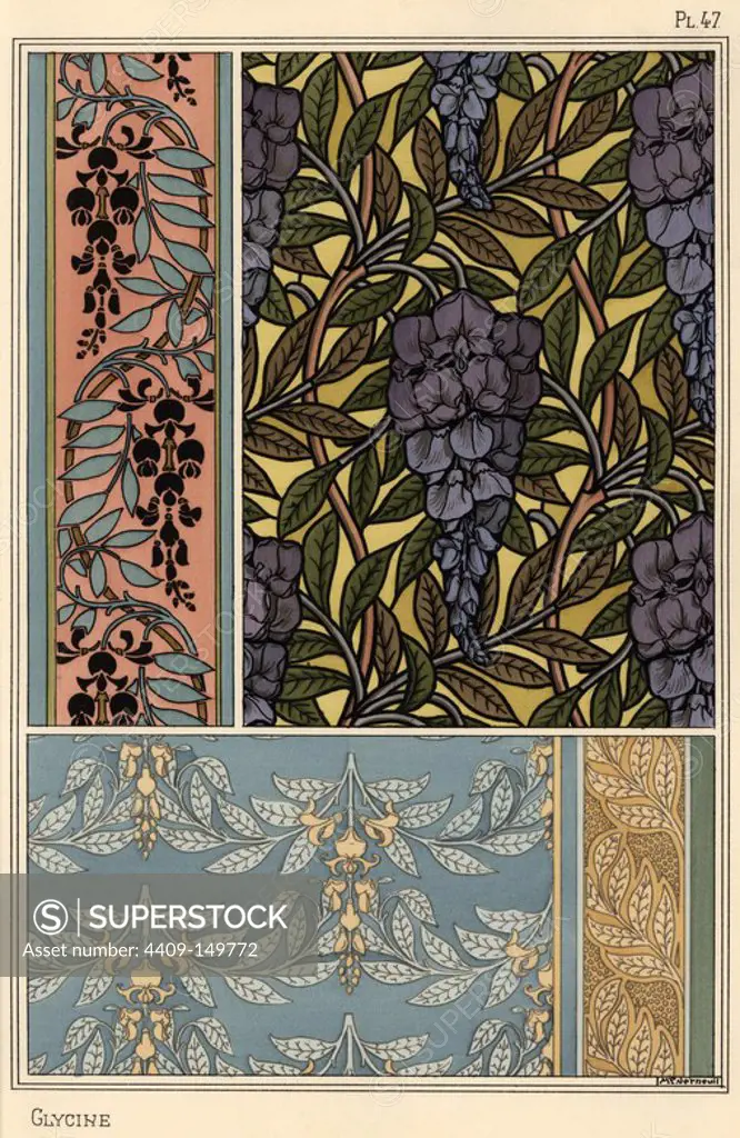 Glycine in art nouveau patterns for stained glass, fabric and wallpaper. Lithograph by M. P. Verneuil with pochoir (stencil) handcoloring from Eugene Grasset's Plants and their Application to Ornament, Paris, 1897. Eugene Grasset (1841-1917) was a Swiss artist whose innovative designs inspired the art nouveau movement at the end of the 19th century.