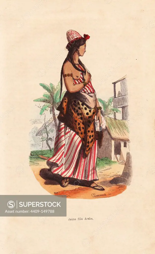 Arabian girl in hat, striped dress, animal skin, earrings and bracelets. Handcoloured woodcut by Pannemaker after an illustration by H. Hendrickx from Auguste Wahlen's "Moeurs, Usages et Costumes de tous les Peuples du Monde," Librairie Historique-Artistique, Brussels, 1845. Wahlen was the pseudonym of Jean-Francois-Nicolas Loumyer (1801-1875), a writer and archivist with the Heraldic Department of Belgium.