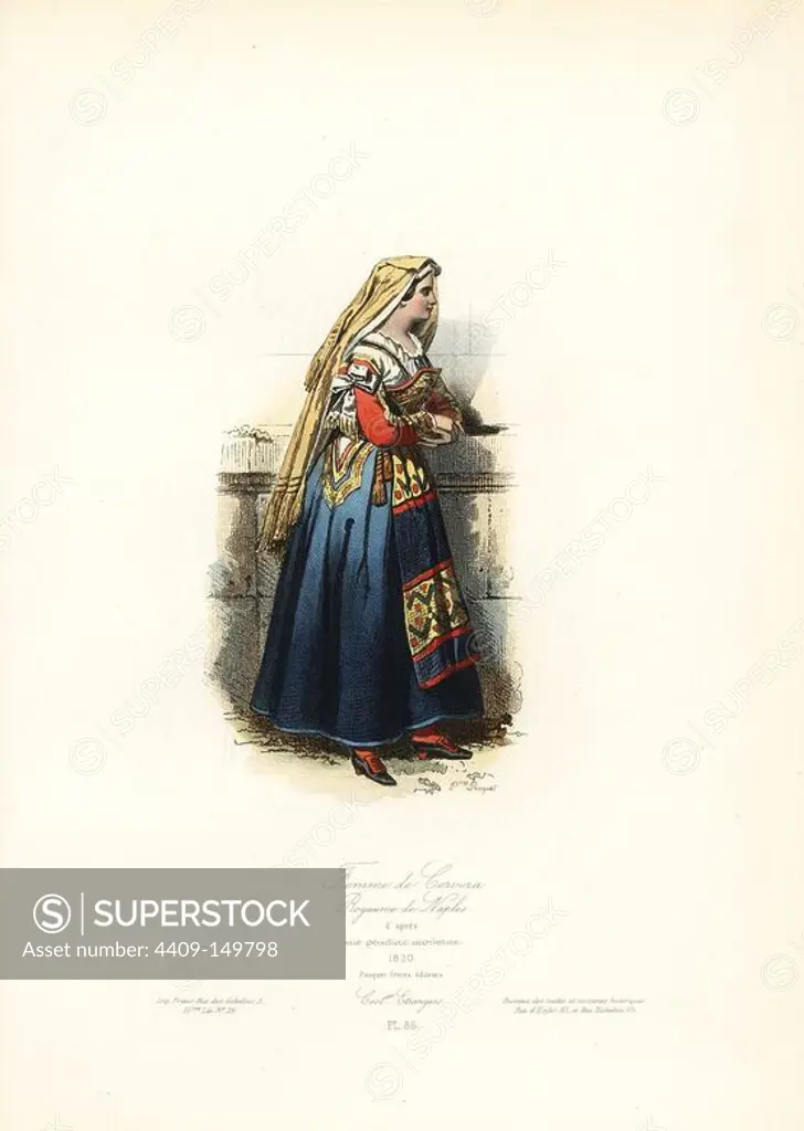 Woman of Cervera, Kingdom of Naples, 1830. Handcoloured steel engraving by Polydor Pauquet from the Pauquet Brothers' "Modes et Costumes Etrangers Anciens et Modernes" (Foreign Fashions and Costumes Ancient and Modern), Paris, 1865. Hippolyte (b. 1797) and Polydor Pauquet (b. 1799) ran a successful publishing house in Paris in the 19th century, specializing in illustrated books on costume, birds, butterflies, anatomy and natural history.