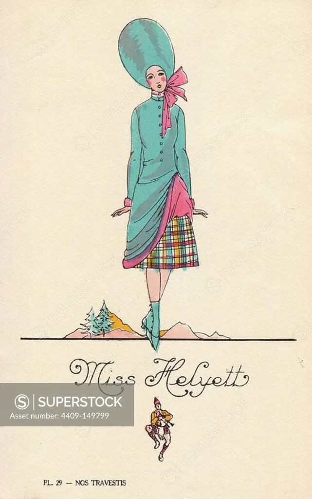 Woman in fancy dress costume as Miss Helyett, with large hat, blue coat, pink ribbon, and tartan skirt. Miss Helyett was a comic operetta by Edmond Audran first performed in 1890. Lithograph by unknown artist with pochoir stencil handcolouring from "Nos Travestis" (Our Fancy Dress Costumes), Paris, 1928.