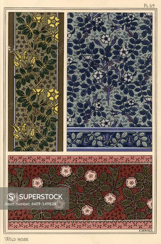 Wild rose in art nouveau patterns for wallpapers, borders and fabrics. Lithograph by E. Hervegh with pochoir (stencil) handcoloring from Eugene Grasset's Plants and their Application to Ornament, Paris, 1897. Eugene Grasset (1841-1917) was a Swiss artist whose innovative designs inspired the art nouveau movement at the end of the 19th century.