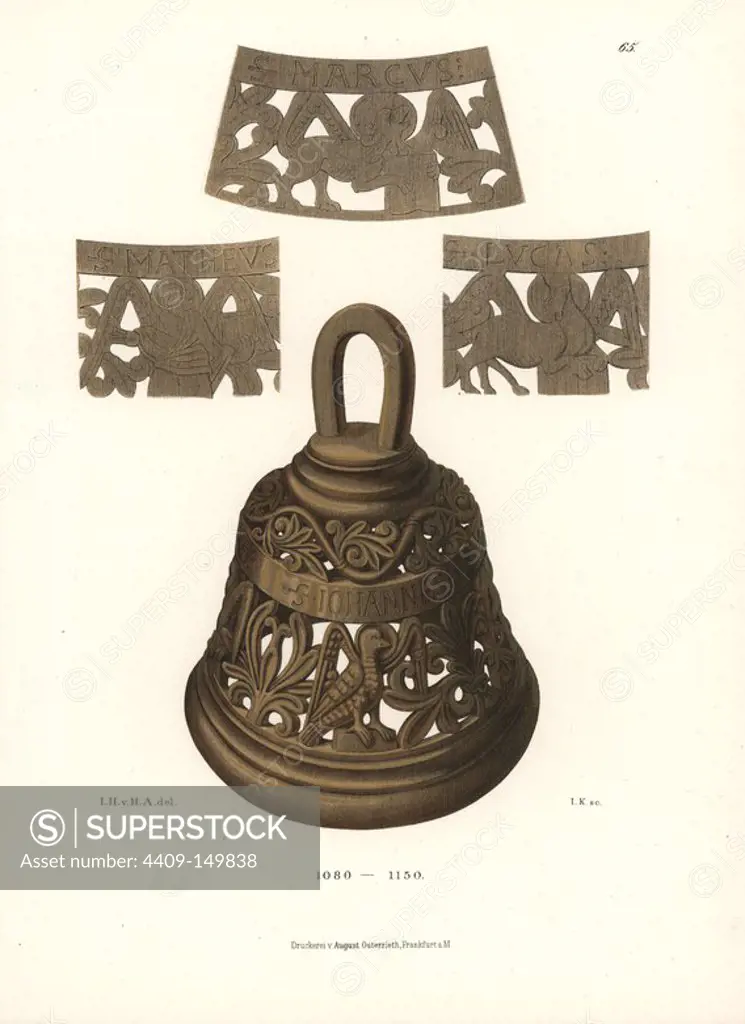 Byzantine hand bell in bronze from the 11th century. Chromolithograph from Hefner-Alteneck's "Costumes, Artworks and Appliances from the Middle Ages to the 17th Century," Frankfurt, 1879. Illustration by Dr. Jakob Heinrich von Hefner-Alteneck, lithographed by Joh. Klipphahn, and published by Heinrich Keller. Hefner-Alteneck (1811 - 1903) was a German museum curator, archaeologist, art historian, illustrator and etcher.