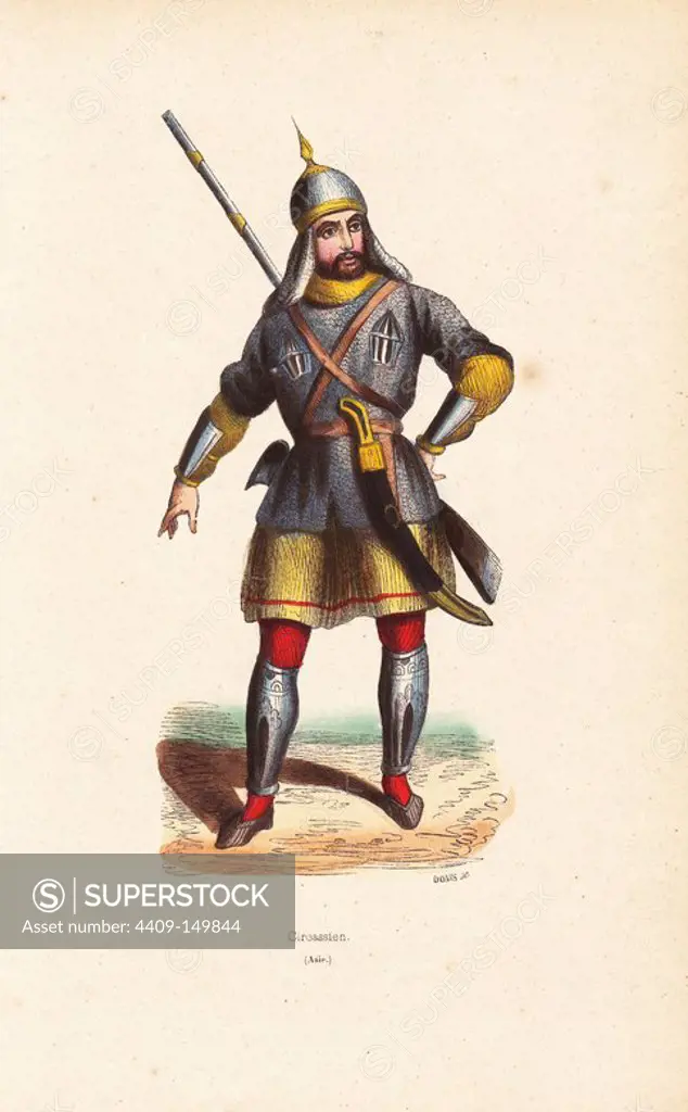 Circassian man in helmet, chain mail tunic over skirt, with plate metal armor on his forearms and shins, carrying a musket and curved sword. Handcoloured woodcut by Doms from Auguste Wahlen's "Moeurs, Usages et Costumes de tous les Peuples du Monde," Librairie Historique-Artistique, Brussels, 1845. Wahlen was the pseudonym of Jean-Francois-Nicolas Loumyer (1801-1875), a writer and archivist with the Heraldic Department of Belgium.