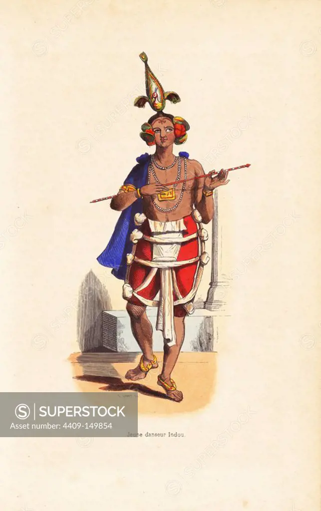Young Indian dancer in bird headdress, cape, necklace, dhoti and anklets. Handcoloured woodcut by L. Lisbet from Auguste Wahlen's "Moeurs, Usages et Costumes de tous les Peuples du Monde," Librairie Historique-Artistique, Brussels, 1845. Wahlen was the pseudonym of Jean-Francois-Nicolas Loumyer (1801-1875), a writer and archivist with the Heraldic Department of Belgium.