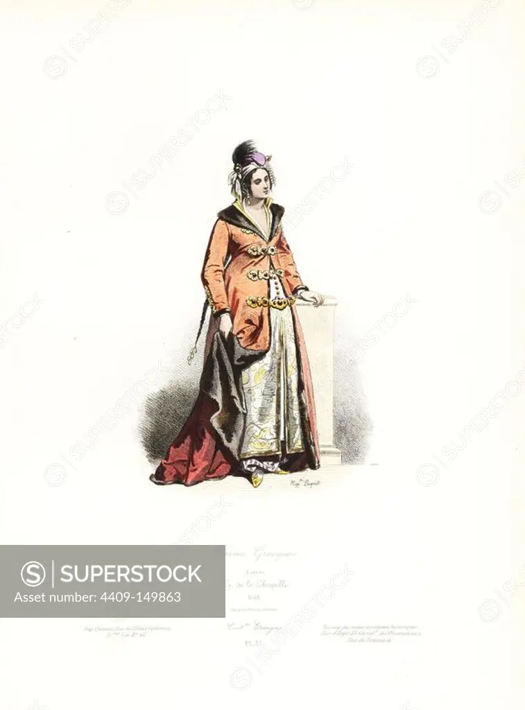 Greek woman, 17th century, Georges de la Chapelle. Handcoloured steel engraving by Hippolyte Pauquet from the Pauquet Brothers' "Modes et Costumes Etrangers Anciens et Modernes" (Foreign Fashions and Costumes Ancient and Modern), Paris, 1865. Hippolyte (b. 1797) and Polydor Pauquet (b. 1799) ran a successful publishing house in Paris in the 19th century, specializing in illustrated books on costume, birds, butterflies, anatomy and natural history.