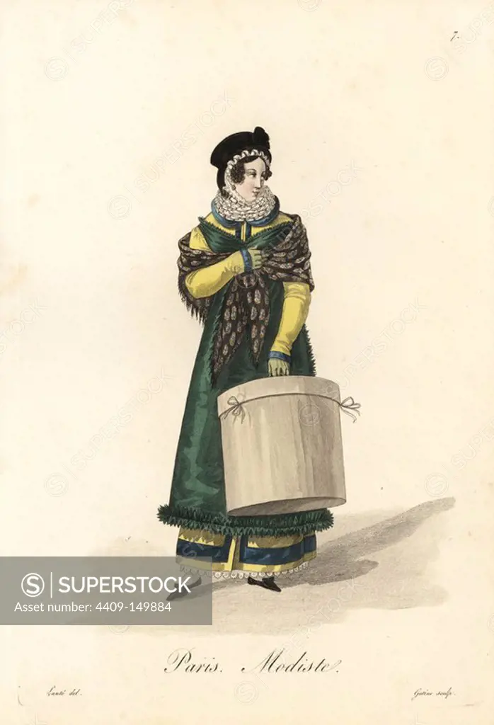 Milliner, Paris, early 19th century, in bonnet, lace collar, shawl, green apron over yellow dress, carrying a hat box. Handcoloured copperplate engraving by Gatine after an illustration by Louis-Marie Lante from "Ouvrieres de Paris" (Tradeswomen of Paris), Paris, 1823.