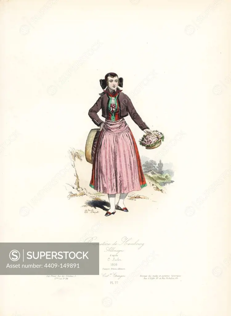 Florist or bouquet seller of Hamburg, Germany, 1808, after C. Suhr. Handcoloured steel engraving by Polydor Pauquet from the Pauquet Brothers' "Modes et Costumes Etrangers Anciens et Modernes" (Foreign Fashions and Costumes Ancient and Modern), Paris, 1865. Hippolyte (b. 1797) and Polydor Pauquet (b. 1799) ran a successful publishing house in Paris in the 19th century, specializing in illustrated books on costume, birds, butterflies, anatomy and natural history.