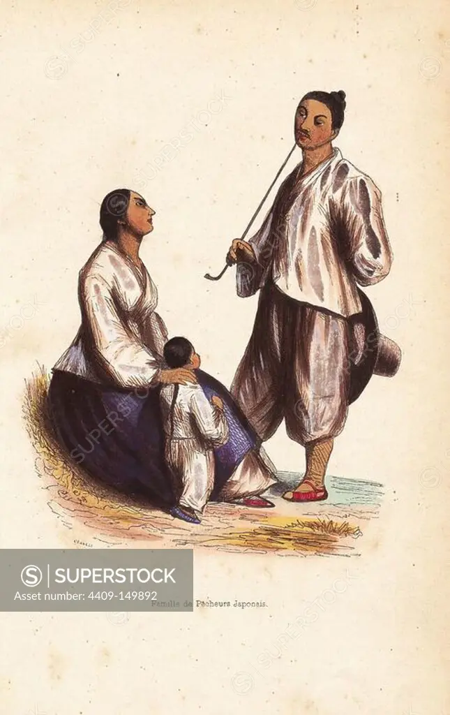 Japanese fisherman's family, man in white shirt and pants with large hat, woman in kimono and skirt, child in pyjamas. Handcoloured woodcut by Degreef from Auguste Wahlen's "Moeurs, Usages et Costumes de tous les Peuples du Monde," Librairie Historique-Artistique, Brussels, 1845. Wahlen was the pseudonym of Jean-Francois-Nicolas Loumyer (1801-1875), a writer and archivist with the Heraldic Department of Belgium.