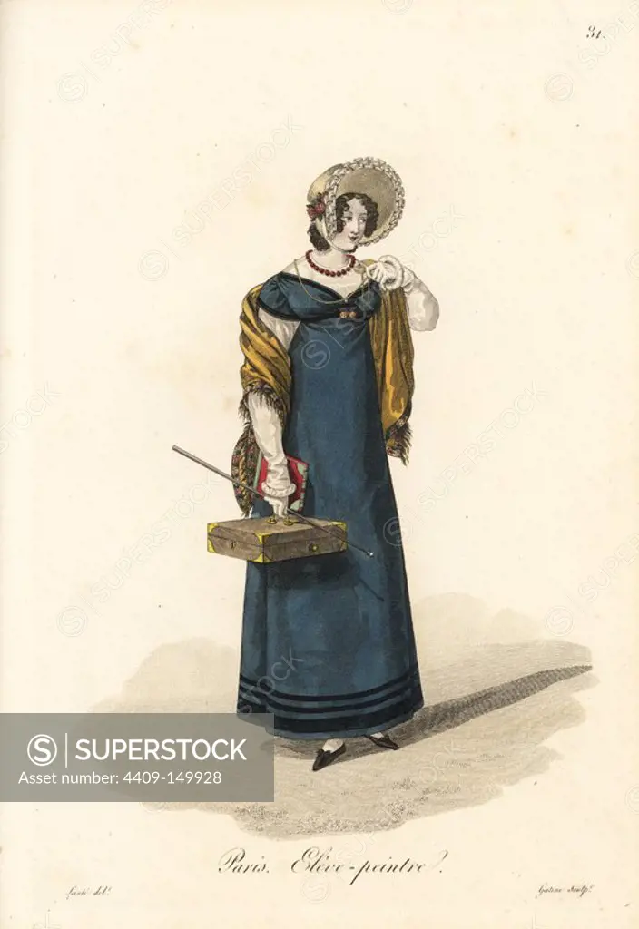 Student painter, Paris, early 19th century, in straw bonnet, gold shawl, and blue dress, carrying a case of oils, book, and holding a monocle. Handcoloured copperplate engraving by Gatine after an illustration by Louis-Marie Lante from "Ouvrieres de Paris" (Tradeswomen of Paris), Paris, 1823.