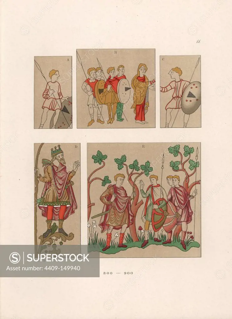 Figures from a handwritten parchment known as The Wessobrunn Prayer in Munich library (top), and figures from a painting on parchment known as the Golden Psalter of St. Gall. Chromolithograph from Hefner-Alteneck's "Costumes, Artworks and Appliances from the Middle Ages to the 17th Century," Frankfurt, 1879. Illustration by Dr. Jakob Heinrich von Hefner-Alteneck, lithographed by Joh. Klipphahn, and published by Heinrich Keller. Dr. Hefner-Alteneck (1811 - 1903) was a German museum curator, archaeologist, art historian, illustrator and etcher.