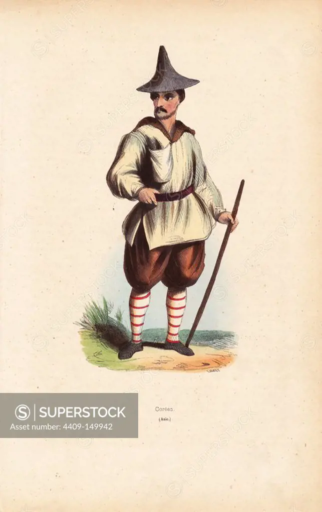 Korean man in hat, breeches and stockings, holding a stick. Handcoloured woodcut by Lisbet from Auguste Wahlen's "Moeurs, Usages et Costumes de tous les Peuples du Monde," Librairie Historique-Artistique, Brussels, 1845. Wahlen was the pseudonym of Jean-Francois-Nicolas Loumyer (1801-1875), a writer and archivist with the Heraldic Department of Belgium.