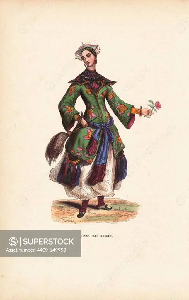 Chinese girl from the nobility in embroidered jacket over long skirts tied with silk tassels and holding a rose and a fan. Handcoloured woodcut by Doms after an illustration by Clerman from Auguste Wahlen's "Moeurs, Usages et Costumes de tous les Peuples du Monde," Librairie Historique-Artistique, Brussels, 1845. Wahlen was the pseudonym of Jean-Francois-Nicolas Loumyer (1801-1875), a writer and archivist with the Heraldic Department of Belgium.