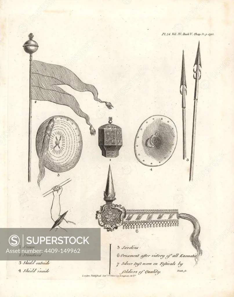 Crown and standard of Abyssinia, shields, javelins, ornaments worn on the heads and right arms of governors of provinces. Copperplate engraving from James Bruce's "Travels to Discover the Source of the Nile, in the years 1768, 1769, 1770, 1771, 1772 and 1773," London, 1790. James Bruce (1730-1794) was a Scottish explorer and travel writer who spent more than 12 years in North Africa and Ethiopia. Engraved by Heath after an original drawing by Bruce.