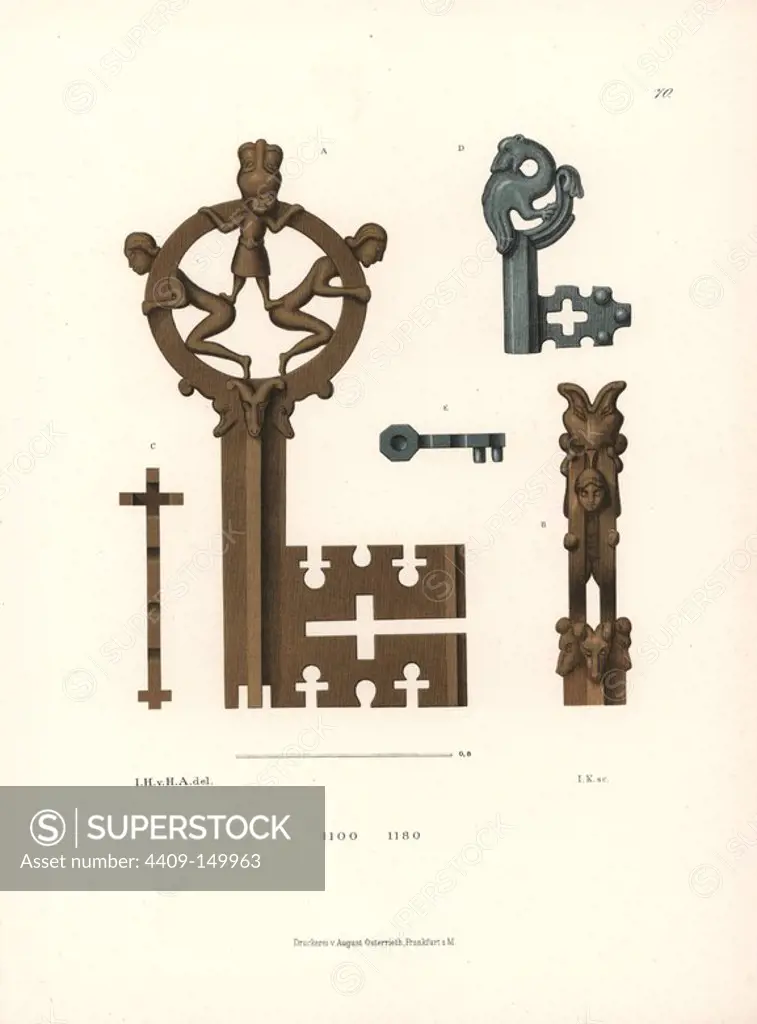 Byzantine style keys in bronze from the 12th century. The large key is from St. Elizabeth's church in Marburg, the small key from the ruins of Memleben Abbey. Chromolithograph from Hefner-Alteneck's "Costumes, Artworks and Appliances from the Middle Ages to the 17th Century," Frankfurt, 1879. Illustration by Dr. Jakob Heinrich von Hefner-Alteneck, lithographed by Joh. Klipphahn, and published by Heinrich Keller. Hefner-Alteneck (1811 - 1903) was a German museum curator, archaeologist, art historian, illustrator and etcher.