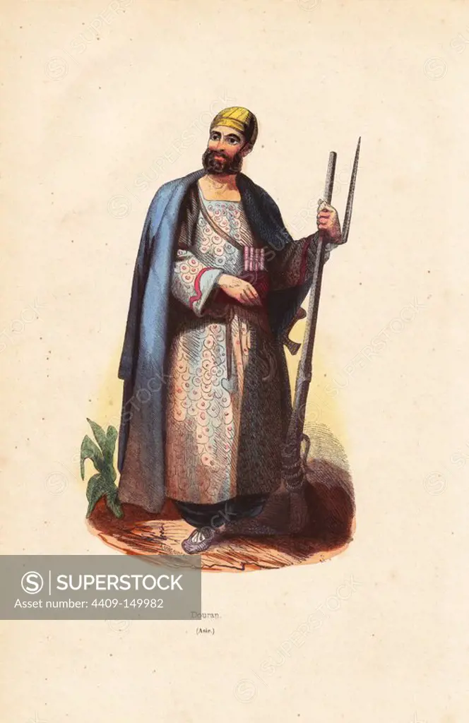 Douran tribesman (from current Afghanistan) in robes, with musket and sword. Handcoloured woodcut by A. Vancauberche after an illustration by S from Auguste Wahlen's "Moeurs, Usages et Costumes de tous les Peuples du Monde," Librairie Historique-Artistique, Brussels, 1845. Wahlen was the pseudonym of Jean-Francois-Nicolas Loumyer (1801-1875), a writer and archivist with the Heraldic Department of Belgium. Illustration adapted from Mountstuart Elphinstone's "Account of the Kingdom of Caubul," 1842.