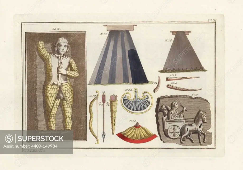 Statue of a man in Anglo Saxon hauberk 76, tents 77,78, bow 79, arrow 80, quiver 81, shields 82,83, horn 84, trumpets 85,86 and chariot 87. Handcoloured copperplate engraving by Paul Weindl from Robert von Spalart's "Historical Picture of the Costumes of the Principal People of Antiquity and of the Middle Ages," Chez Collignon, Metz, 1810.