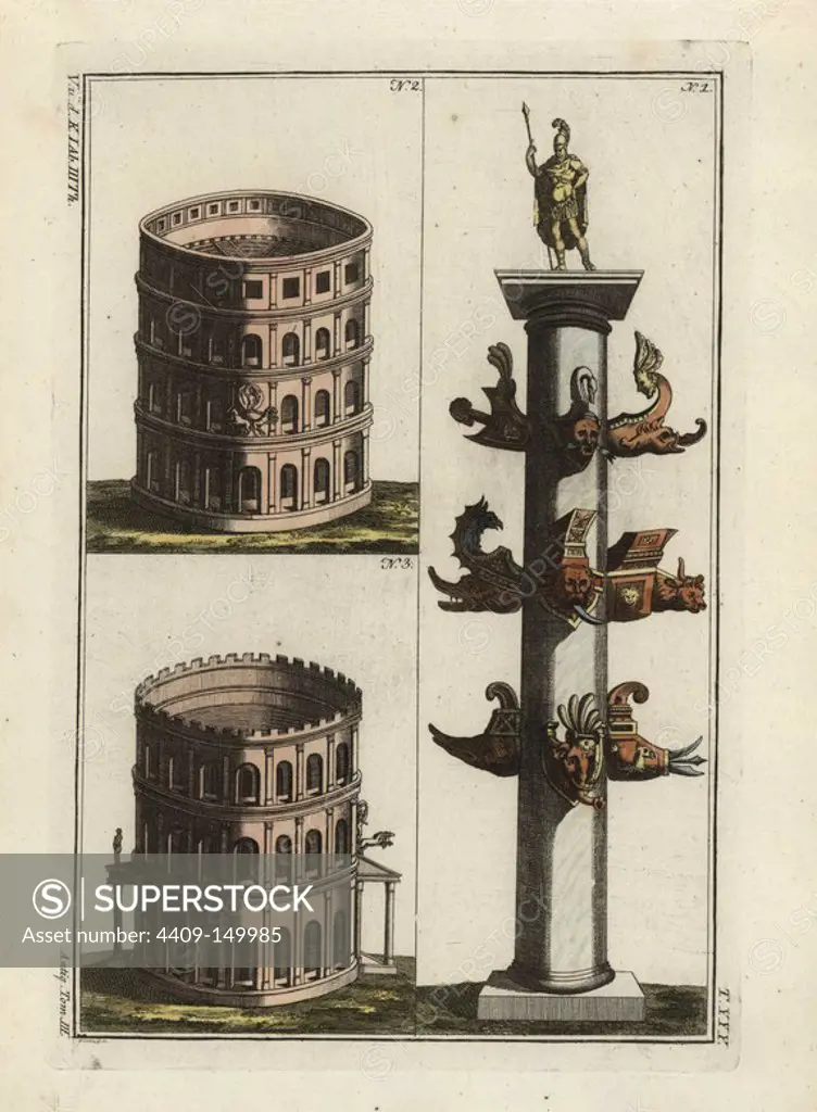 The column of Duilus and Roman ampitheatres. Handcoloured copperplate engraving by Paul Weindl from Robert von Spalart's "Historical Picture of the Costumes of the Principal People of Antiquity and of the Middle Ages," Chez Collignon, Metz, 1810.