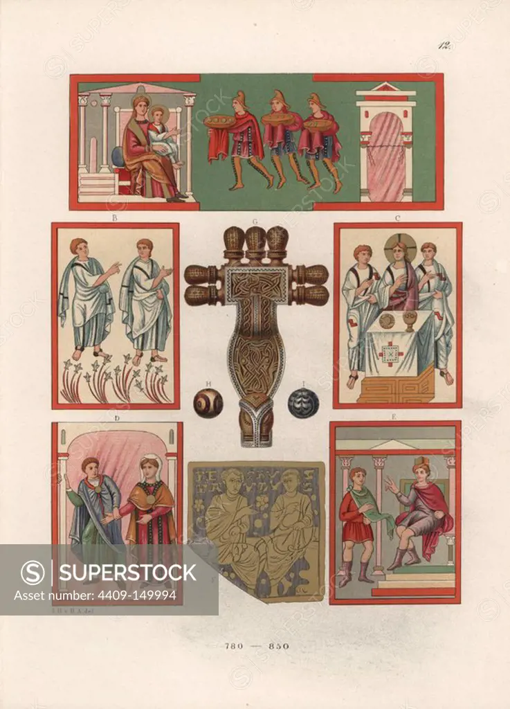 Figures from a painting on parchment in a book of gospels in Munich library (A-E), a painting on silk (F) and a fibula brooch (G). Chromolithograph from Hefner-Alteneck's "Costumes, Artworks and Appliances from the Middle Ages to the 17th Century," Frankfurt, 1879. Illustration by Dr. Jakob Heinrich von Hefner-Alteneck, lithographed by Joh. Klipphahn, and published by Heinrich Keller. Dr. Hefner-Alteneck (1811 - 1903) was a German museum curator, archaeologist, art historian, illustrator and etcher.
