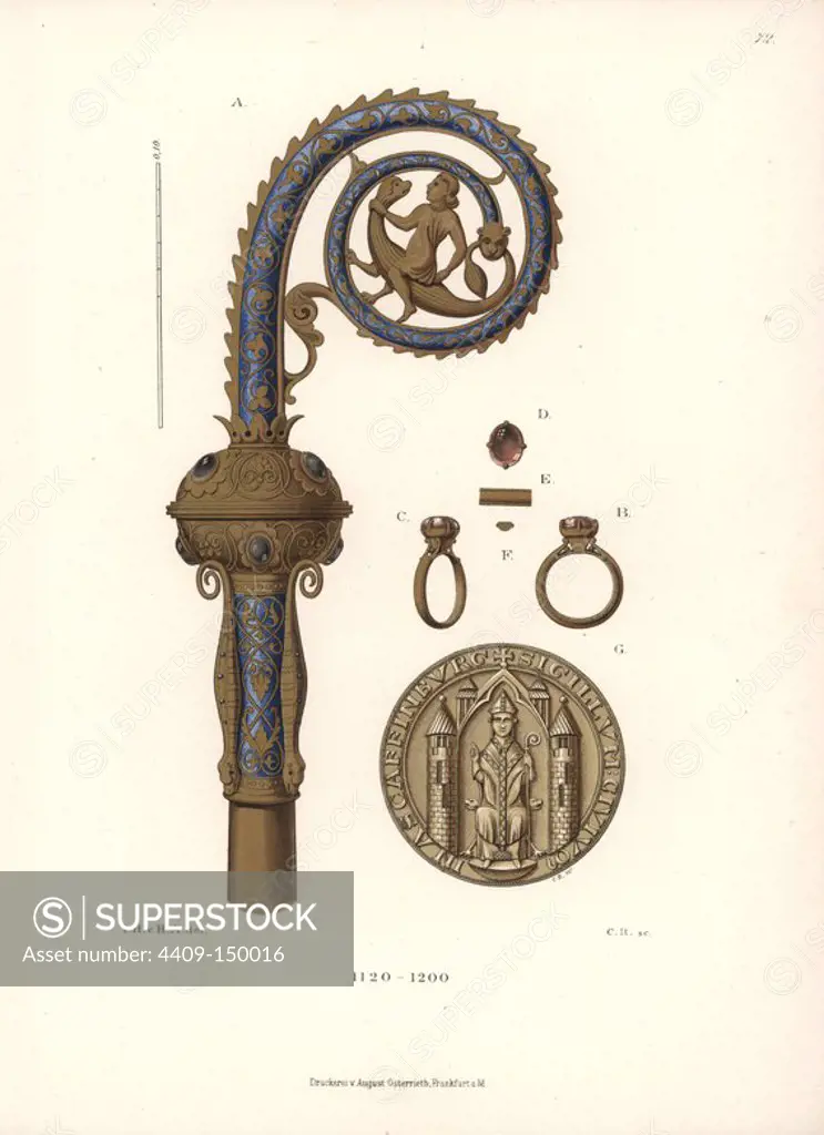 Bishop's crook or crosier in gilded bronze from Mainz cathedral, 12 century. Chromolithograph from Hefner-Alteneck's "Costumes, Artworks and Appliances from the Middle Ages to the 17th Century," Frankfurt, 1879. Illustration by Dr. Jakob Heinrich von Hefner-Alteneck, lithographed by C.H., and published by Heinrich Keller. Hefner-Alteneck (1811 - 1903) was a German museum curator, archaeologist, art historian, illustrator and etcher.