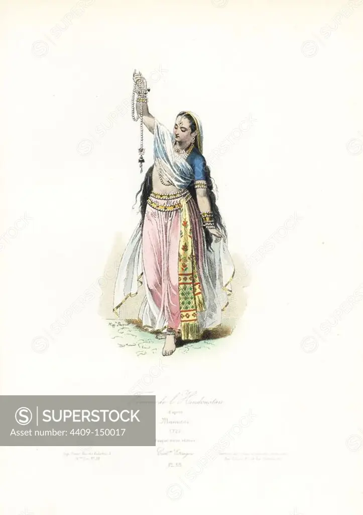 Indian woman, 18th century, after Niccolao Manucci. Handcoloured steel engraving by Hippolyte Pauquet from the Pauquet Brothers' "Modes et Costumes Etrangers Anciens et Modernes" (Foreign Fashions and Costumes Ancient and Modern), Paris, 1865. Hippolyte (b. 1797) and Polydor Pauquet (b. 1799) ran a successful publishing house in Paris in the 19th century, specializing in illustrated books on costume, birds, butterflies, anatomy and natural history.