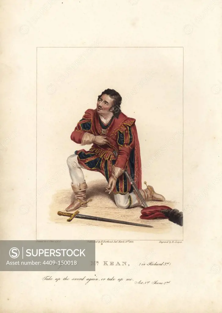 Mr. Edmund Kean as Richard, Duke of Gloucester, later King Richard the Third, in Shakespeare's "Richard III" at the Theatre Royal Drury Lane. Handcoloured stipple copperplate engraving by Robert Cooper after a painting by George Clint. From D. Terry's "British Theatrical Gallery," London, Henry Berthoud Jr., 1825.