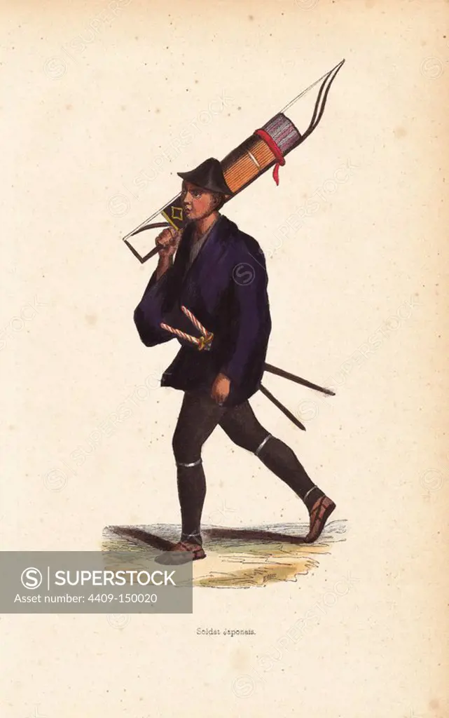 Japanese soldier carrying a bow and quiver of arrows, wearing helmet, jacket, short kimono, leggings and sandals, with two swords in his belt. Handcoloured woodcut by Doms from Auguste Wahlen's "Moeurs, Usages et Costumes de tous les Peuples du Monde," Librairie Historique-Artistique, Brussels, 1845. Wahlen was the pseudonym of Jean-Francois-Nicolas Loumyer (1801-1875), a writer and archivist with the Heraldic Department of Belgium.