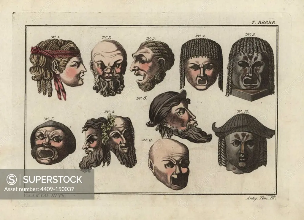 Masks of mutes, comedy, tragedy, of two satyrs and a faun. Handcoloured copperplate engraving by Paul Weindl from Robert von Spalart's "Historical Picture of the Costumes of the Principal People of Antiquity and of the Middle Ages," Chez Collignon, Metz, 1810.