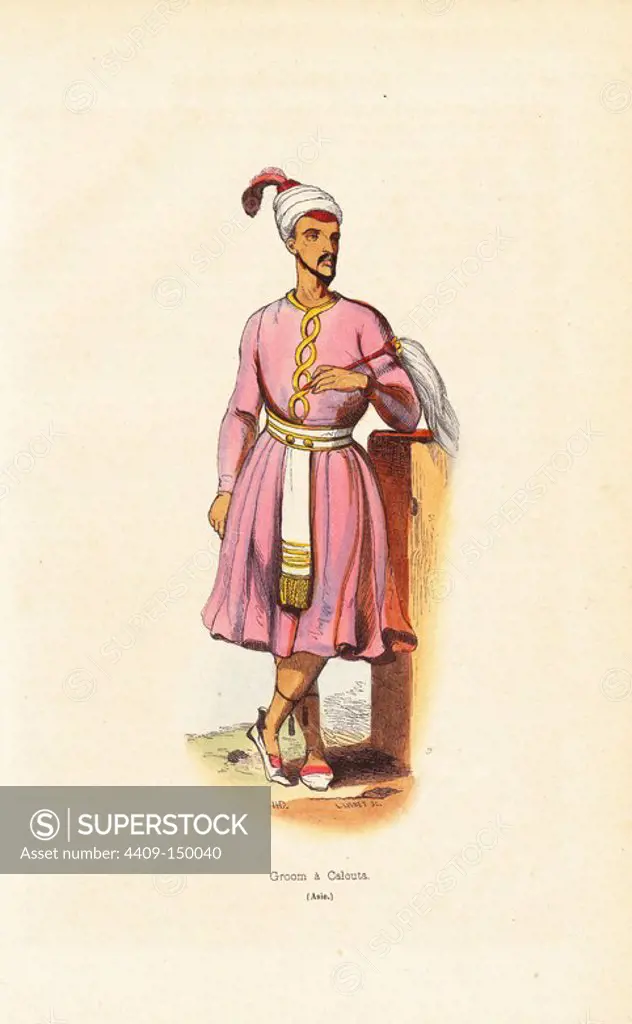 Groom of Calcutta (Kolkata) with turban, skirts, slippers and fan. Handcoloured woodcut by L. Lisbet after an illustration by H. Hendrickx from Auguste Wahlen's "Moeurs, Usages et Costumes de tous les Peuples du Monde," Librairie Historique-Artistique, Brussels, 1845. Wahlen was the pseudonym of Jean-Francois-Nicolas Loumyer (1801-1875), a writer and archivist with the Heraldic Department of Belgium.