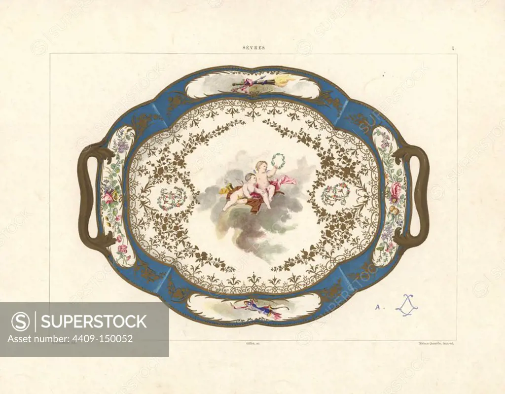 Platter decorated with cupids and roses painted by Asselin. Mark of Madame du Barry, last mistress to Louis XV. Plateau au chiffre de Mme. du Barry, peinture d'Asselin. Chromolithograph by Gillot of an illustration by Edouard Garnier from The Soft Paste Porcelain of Sevres, Maison Quantin, Paris, 1891.