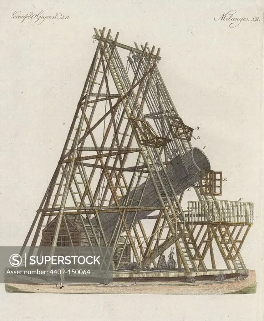 Sir WIlliam Herschel's telescope or the Great Forty-Foot telescope built between 1785 and 1789 at Observatory House in Slough, England. Handcoloured copperplate engraving from Bertuch's "Bilderbuch fur Kinder" (Picture Book for Children), Weimar, 1798. Friedrich Johann Bertuch (1747-1822) was a German publisher and man of arts most famous for his 12-volume encyclopedia for children illustrated with 1,200 engraved plates on natural history, science, costume, mythology, etc., published from 1790-1830.