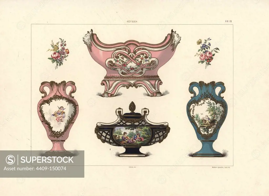 Jardiniere or flowerpot in pink and white with the mark of Louis XV, tulip vases in pink and blue decorated with cupids and pastoral scenes, and a low-slung deep-blue vase (surbaissee) with pastoral scene. Chromolithograph by Gillot of an illustration by Edouard Garnier from The Soft Paste Porcelain of Sevres, Maison Quantin, Paris, 1891.