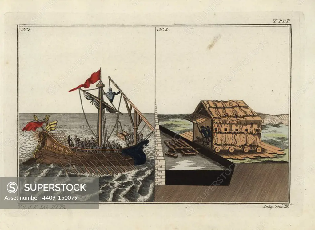 Roman warship with corvus (boarding device) of Gauis Duilius, and Roman war machine. Handcoloured copperplate engraving by Paul Weindl from Robert von Spalart's "Historical Picture of the Costumes of the Principal People of Antiquity and of the Middle Ages," Chez Collignon, Metz, 1810.