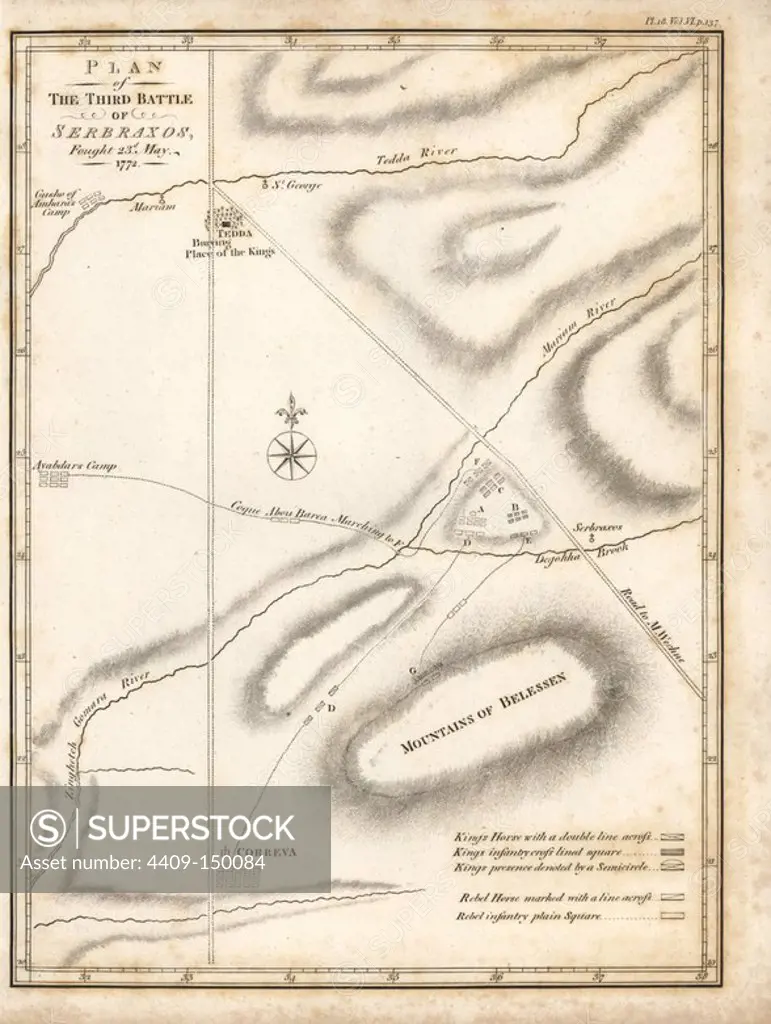 Plan of the third battle of Serbraxos, 23 May 1772. Copperplate engraving from James Bruce's "Travels to Discover the Source of the Nile, in the years 1768, 1769, 1770, 1771, 1772 and 1773," London, 1790. James Bruce (1730-1794) was a Scottish explorer and travel writer who spent more than 12 years in North Africa and Ethiopia. Engraved by Heath after an original drawing by Bruce.