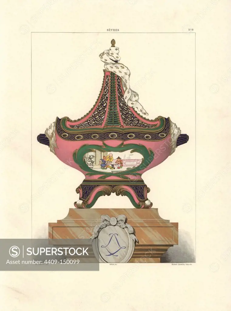Vase in the style of a vessel with mast (Vaisseau a mat), in pink and green with Chinese painting, and ribbon with gold fleurs de lys, Vincennes, 1752. Chromolithograph by Gillot of an illustration by Edouard Garnier from The Soft Paste Porcelain of Sevres, Maison Quantin, Paris, 1891.