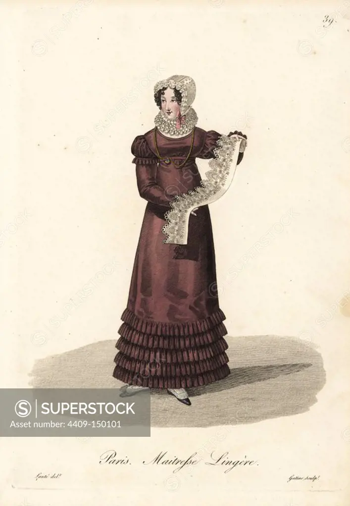 Laundry mistress, Paris, early 19th century, wearing a frilled dress, lace collar and bonnet, holding a piece of lace. Handcoloured copperplate engraving by Gatine after an illustration by Louis-Marie Lante from "Ouvrieres de Paris" (Tradeswomen of Paris), Paris, 1823.