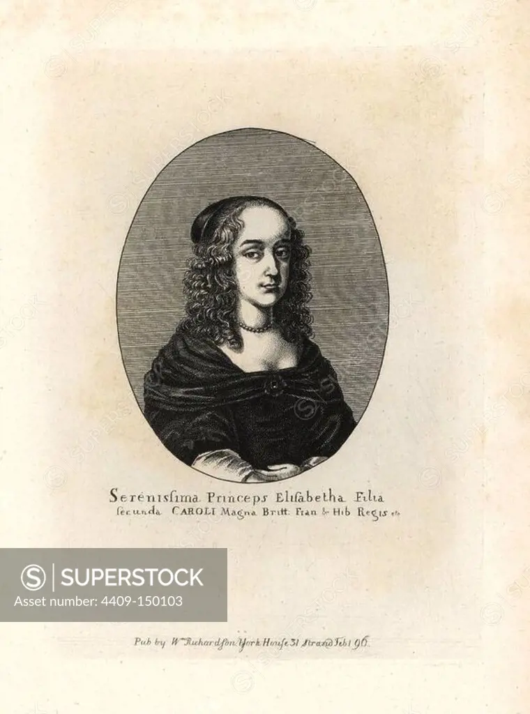 Princess Elizabeth, second daughter of King Charles I, died 1650, aged 15. From a scarce print by Wenceslas Hollar. Copperplate engraving from Richardson's "Portraits illustrating Granger's Biographical History of England," London, 17921812. Published by William Richardson, printseller, London. James Granger (17231776) was an English clergyman, biographer, and print collector.