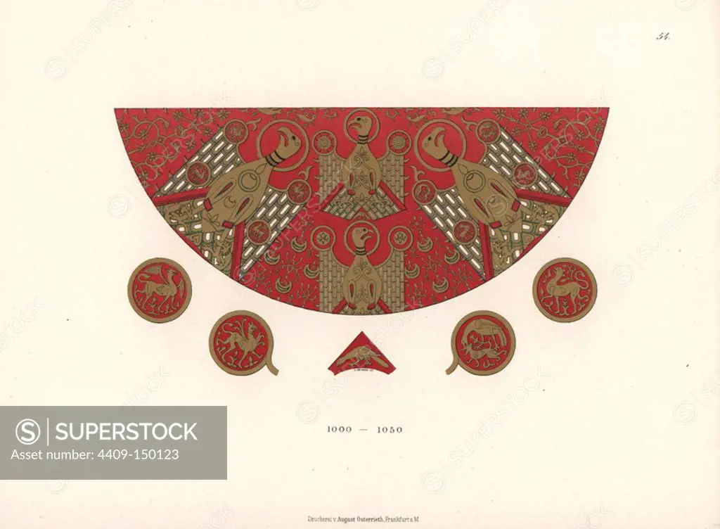 Remnant of an imperial mantle embroidered with eagles in the sacristy of Metz cathedral, 11th century. Chromolithograph from Hefner-Alteneck's "Costumes, Artworks and Appliances from the Middle Ages to the 17th Century," Frankfurt, 1879. Hefner-Alteneck (1811 - 1903) was a German museum curator, archaeologist, art historian, illustrator and etcher.