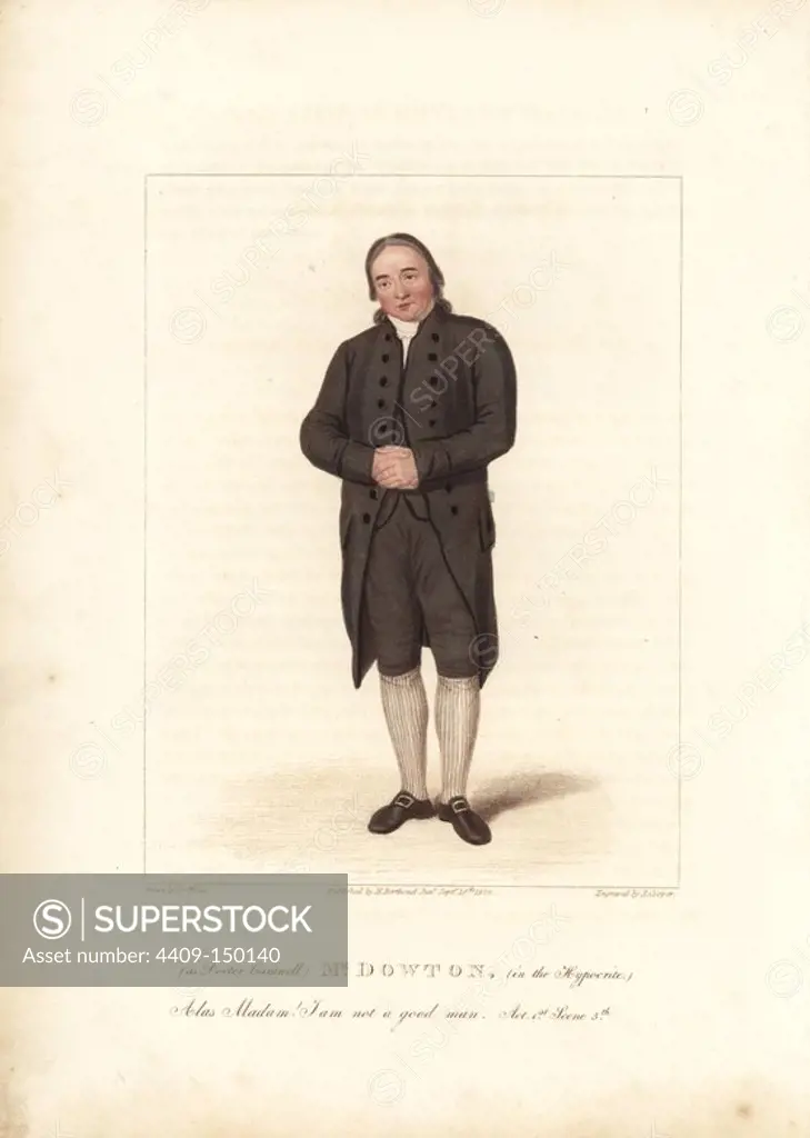 Mr. William Dowton as Doctor Cantwell in "The Hypocrite" at the Theatre Royal Drury Lane. Handcoloured stipple copperplate engraving by Robert Cooper after a painting by Samuel de Wilde. From D. Terry's "British Theatrical Gallery," London, Henry Berthoud Jr., 1825.