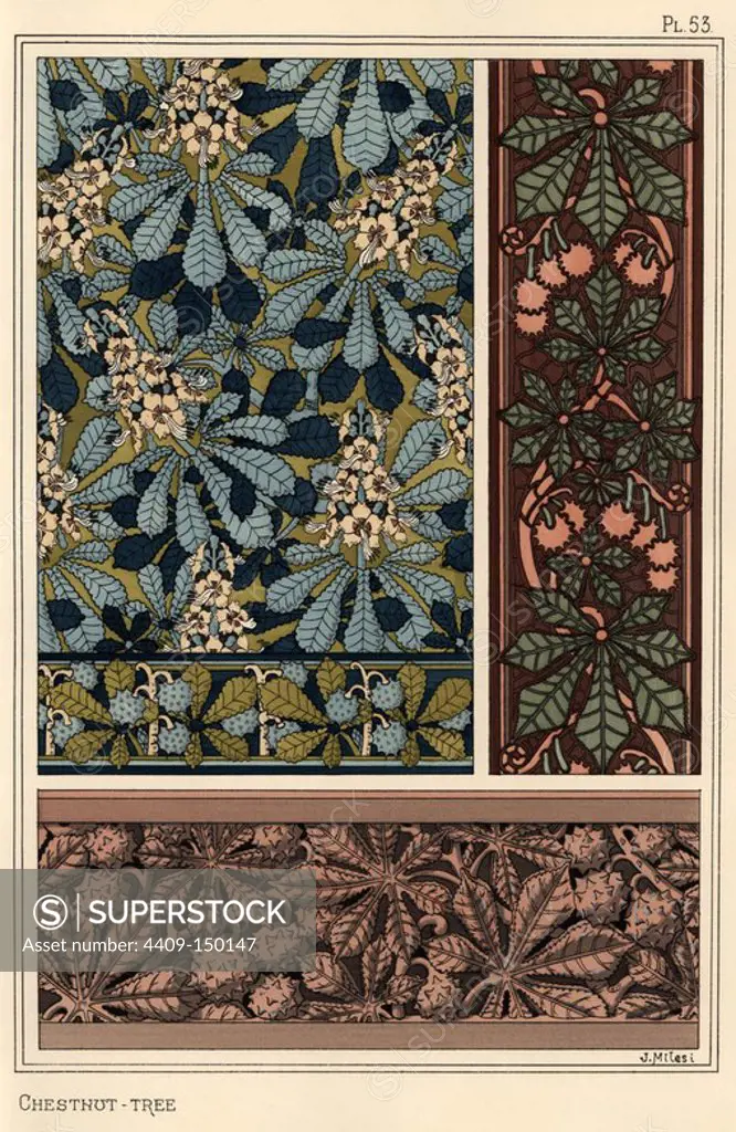 Chestnut tree in art nouveau patterns for wood carving, wallpaper and borders. Lithograph by J. Milesi with pochoir (stencil) handcoloring from Eugene Grasset's Plants and their Application to Ornament, Paris, 1897. Eugene Grasset (1841-1917) was a Swiss artist whose innovative designs inspired the art nouveau movement at the end of the 19th century.