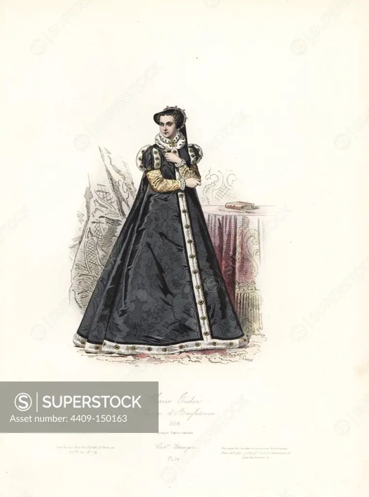 Mary Tudor, Queen of England, 1558. Handcoloured steel engraving by Hippolyte Pauquet from the Pauquet Brothers' "Modes et Costumes Etrangers Anciens et Modernes" (Foreign Fashions and Costumes Ancient and Modern), Paris, 1865. Hippolyte (b. 1797) and Polydor Pauquet (b. 1799) ran a successful publishing house in Paris in the 19th century, specializing in illustrated books on costume, birds, butterflies, anatomy and natural history.