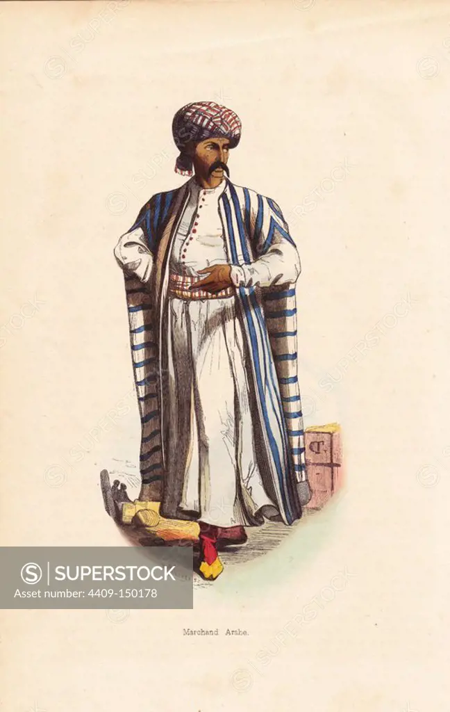 Arabian merchant with tattoos on his face wearing turban, striped cape and slippers. Handcoloured woodcut by Pannemaker from Auguste Wahlen's "Moeurs, Usages et Costumes de tous les Peuples du Monde," Librairie Historique-Artistique, Brussels, 1845. Wahlen was the pseudonym of Jean-Francois-Nicolas Loumyer (1801-1875), a writer and archivist with the Heraldic Department of Belgium.