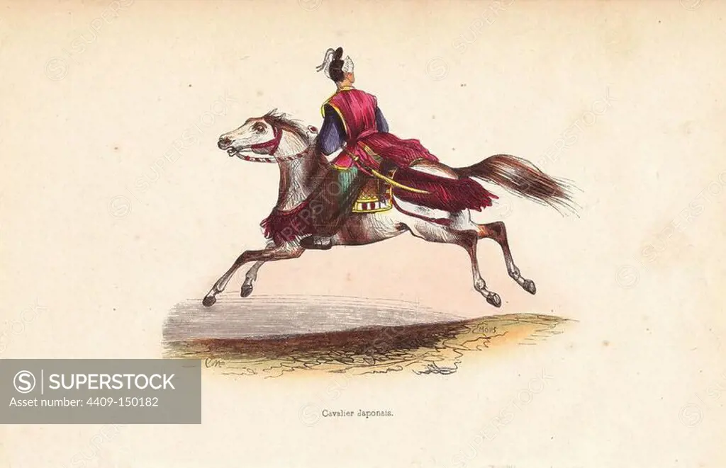Japanese cavalryman with tunic over pantaloons, carrying a sword, riding a horse. Handcoloured woodcut by Mop after an illustration by C.M. from Auguste Wahlen's "Moeurs, Usages et Costumes de tous les Peuples du Monde," Librairie Historique-Artistique, Brussels, 1845. Wahlen was the pseudonym of Jean-Francois-Nicolas Loumyer (1801-1875), a writer and archivist with the Heraldic Department of Belgium.
