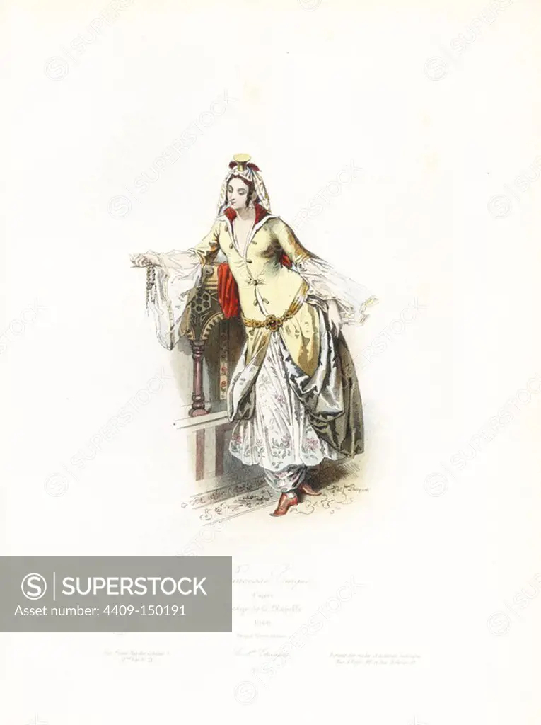 Turkish princess, 17th century, after Georges de la Chapelle. Handcoloured steel engraving by Polydor Pauquet from the Pauquet Brothers' "Modes et Costumes Etrangers Anciens et Modernes" (Foreign Fashions and Costumes Ancient and Modern), Paris, 1865. Hippolyte (b. 1797) and Polydor Pauquet (b. 1799) ran a successful publishing house in Paris in the 19th century, specializing in illustrated books on costume, birds, butterflies, anatomy and natural history.